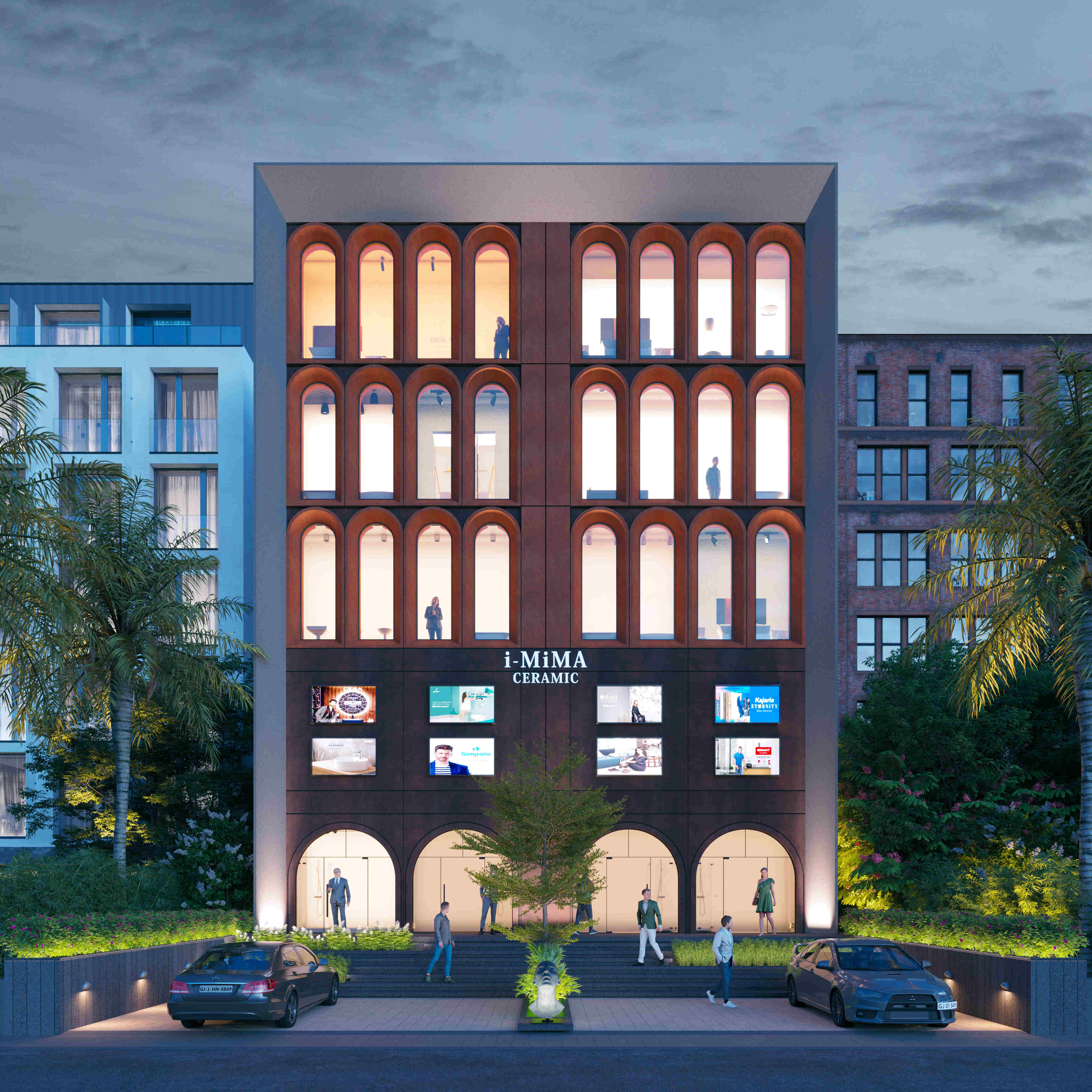 Commercial enginnering and architecture for Ceramic Showroom in Hyderabad | Front night view