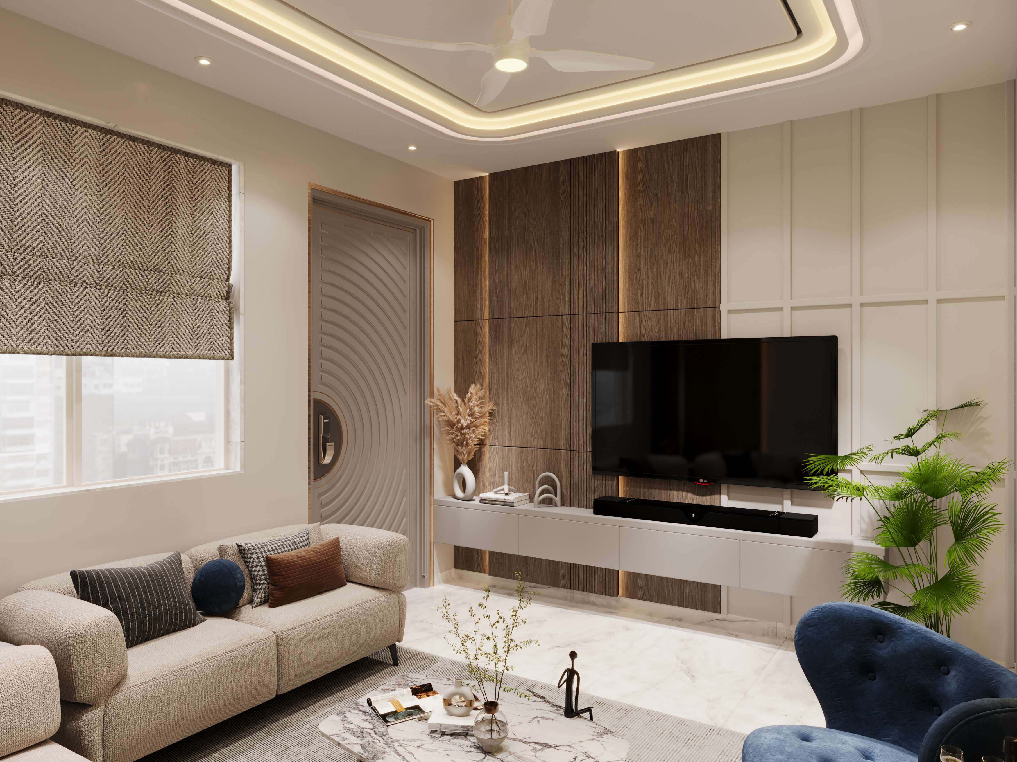 Beige living room with TV unit interior designing by North Change