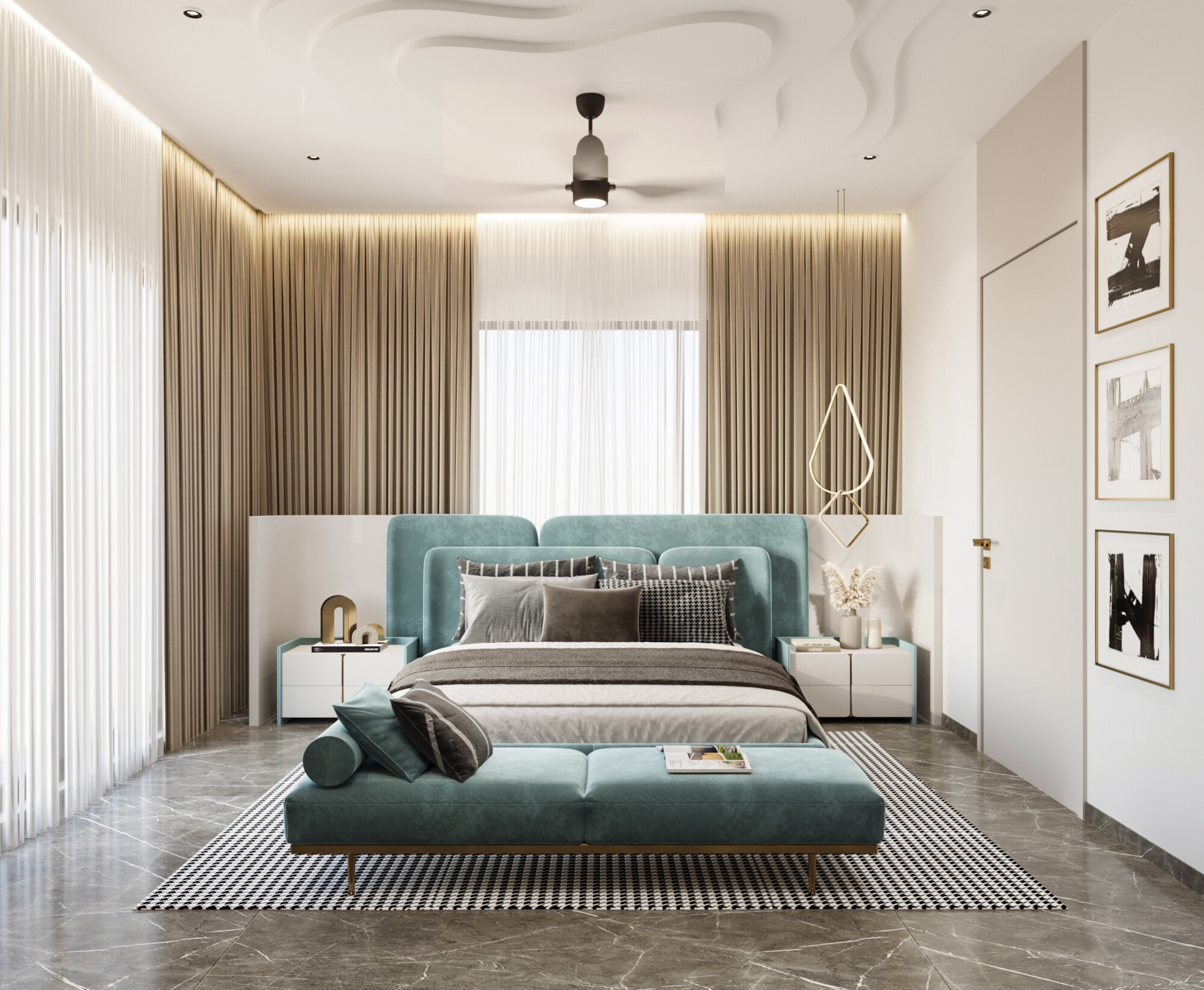 Teal blue and beige room interior deigning by North Change - 1