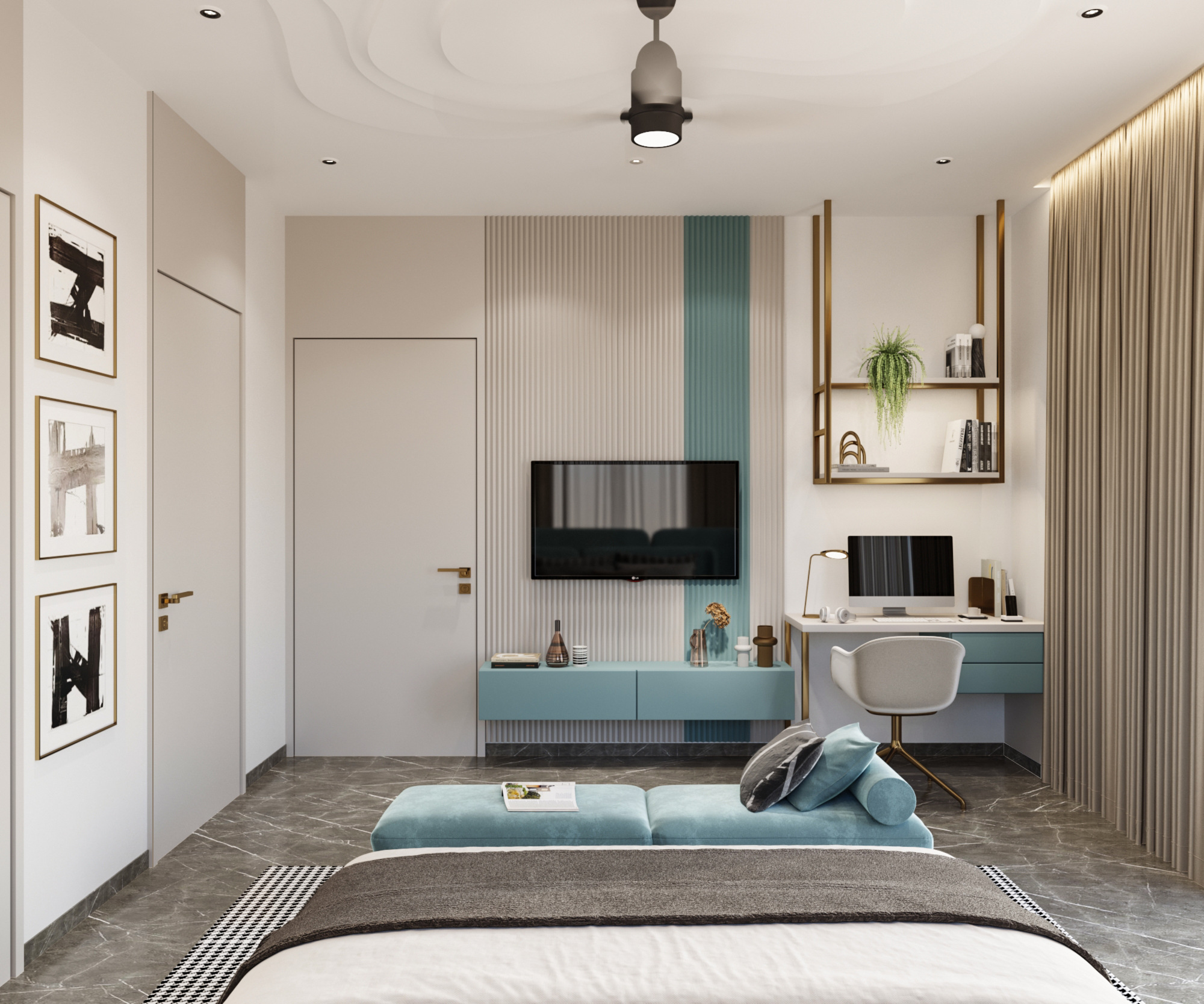 Teal blue and beige room interior deigning by North Change - 2